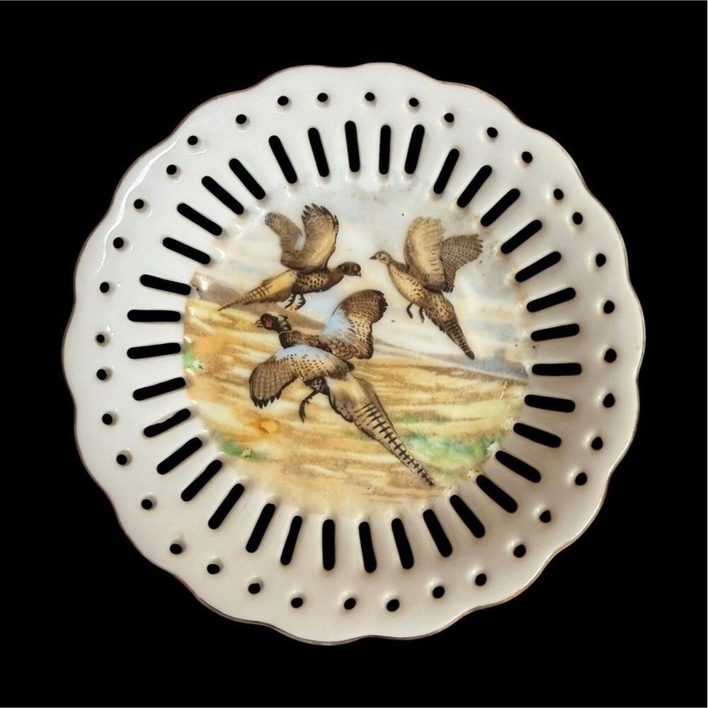 Norcrest Pheasant Birds Bone China Decorative Plate Pierced Rim White 6/855